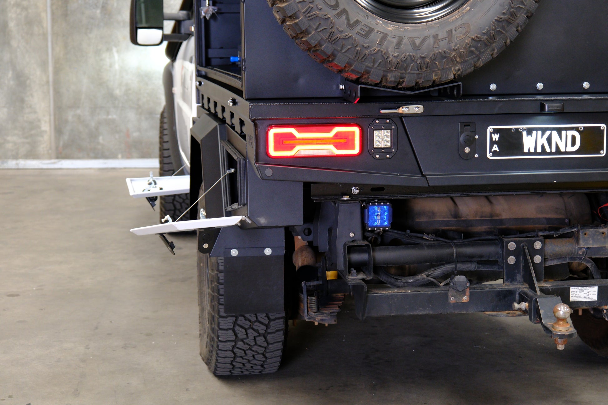 Sequential break lights, Bright LED camping lights, ADR compliant licence-plate mount, reverse sensor compatible